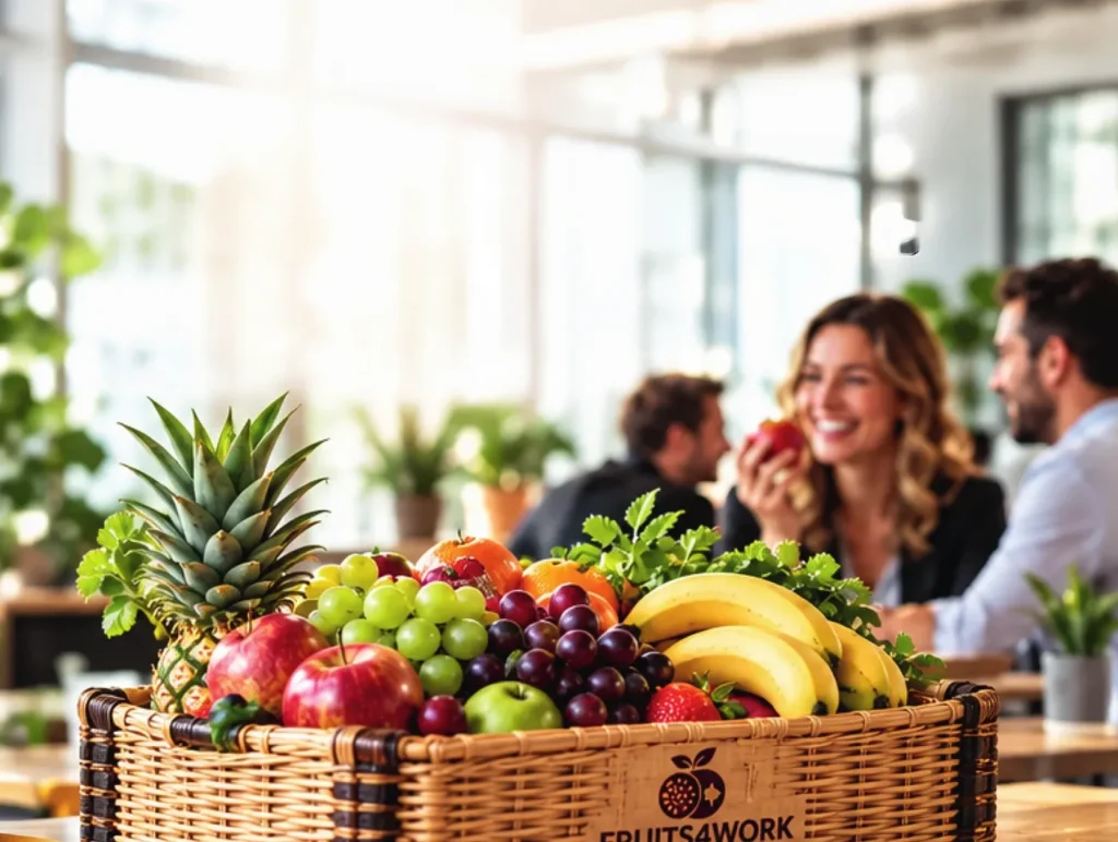 Obstkorb von Fruits4Work auf einem Bürotisch, im Hintergrund Kolleginnen und Kollegen