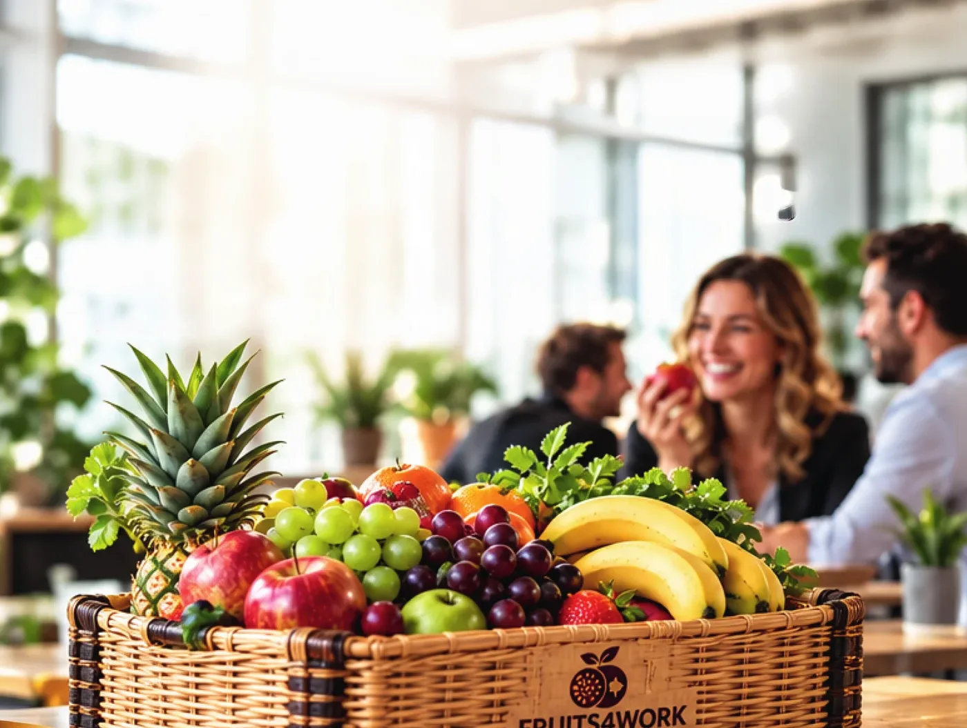 Obstkorb von Fruits4Work auf einem Bürotisch, im Hintergrund Kolleginnen und Kollegen